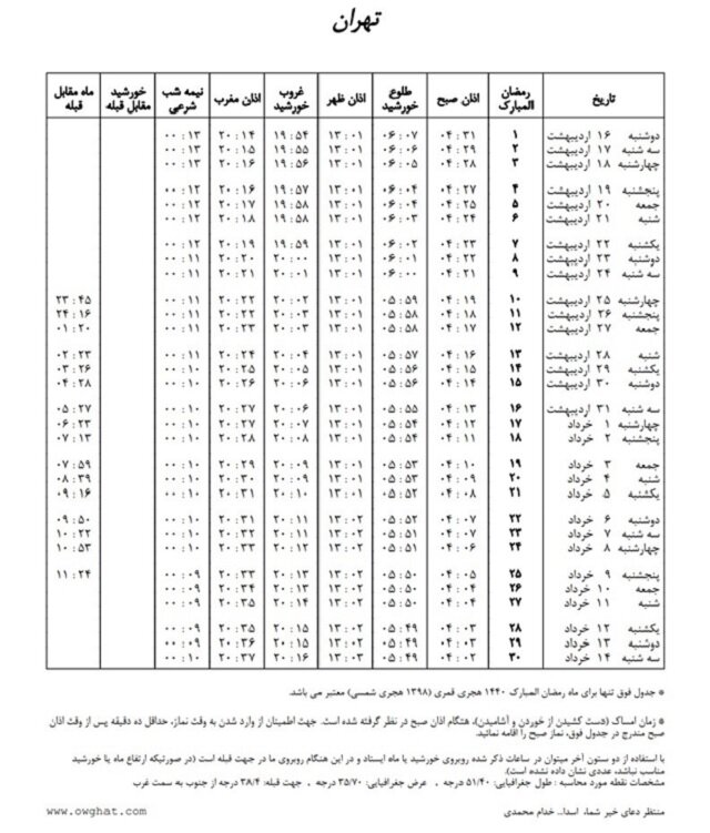 اوقات شرعی در تهران ماه رمضان 98