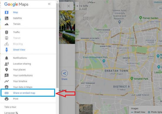 گزینه SHARE EMBED MAP در گوگل مپ