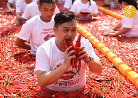مسابقه‌ی خوردنِ فلفل قرمز در استخر فلفل!/ گزارش تصویری