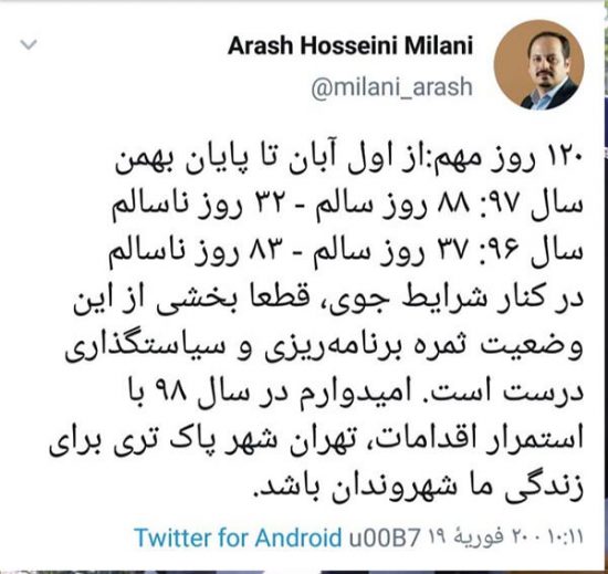توییت مهم آرش حسینی میلانی درباره وضعیت آلودگی هوای تهران