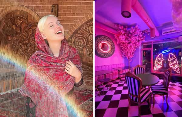 عکس سمت راست، کافه صورتی تهران و عکس سمت چپ، دختر آلمانی تهرانگرد در بوتیک هتل پهلوان رزاز