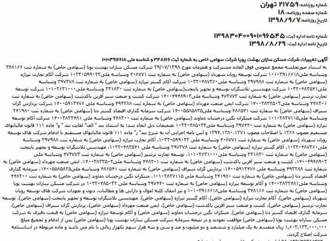 تصویر روزنامه رسمی ادغام ۲۸ شرکت بدهکار بانک آینده در «مسکن سازان بهشت پویا»