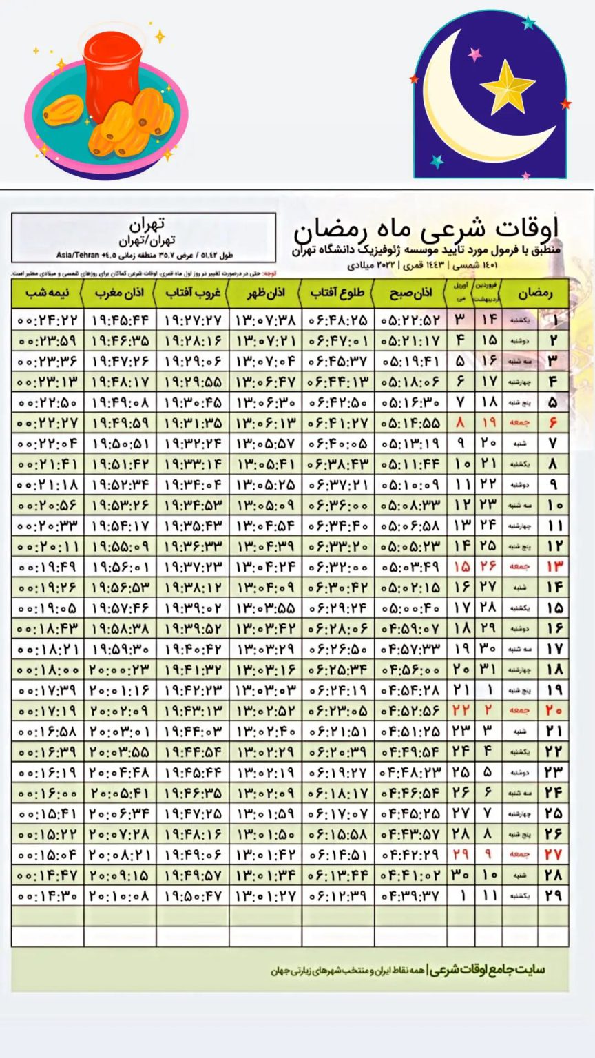 اوقات شرعی ماه رمضان ۱۴۰۱ به افق تهران عصر شهروند